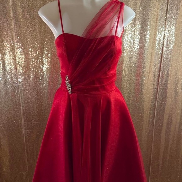 Poly Usa Dresses & Skirts - Red One Shoulder Formal Dress Beaded Belt Sheer Overlay NWT/Sizes S-M-XL